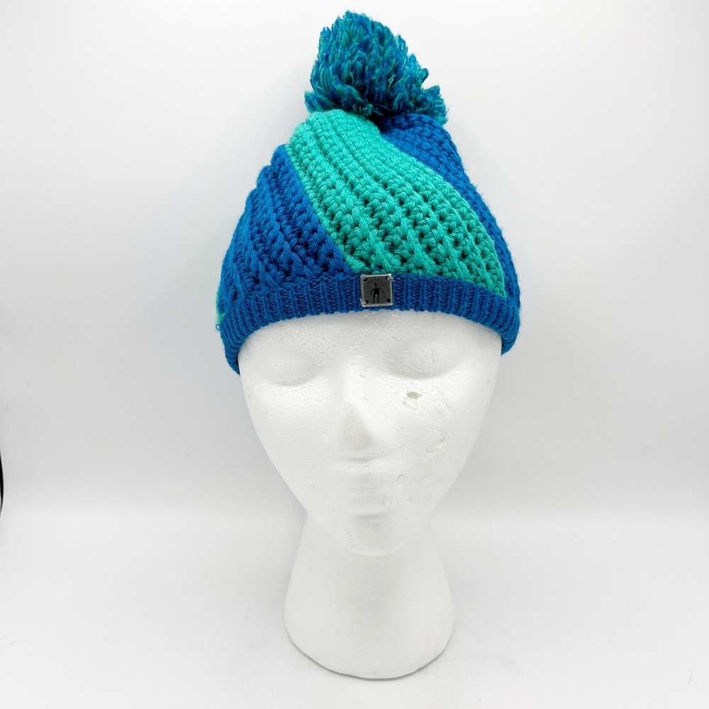Smartwool Hat Womens Green Blue‎ Lined Winter Pom Pom Beanie